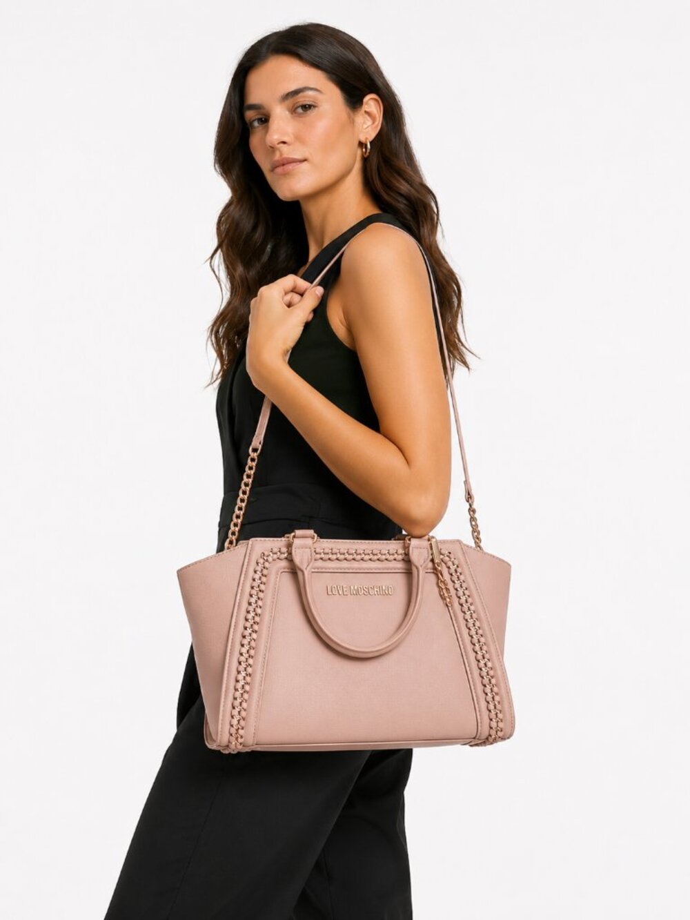 NWT LOVE MOSCHINO NUDE FAUX LEATHER GOLD CHAIN 2 IN 1 HANDBAG SHOULDER BAG - OS